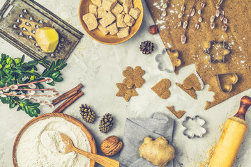 Culinary Spring or Christmas food background. Ingredients for ginger cookies