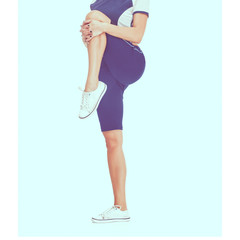 part of sporty woman doing stretching exercise for legs, image with toning