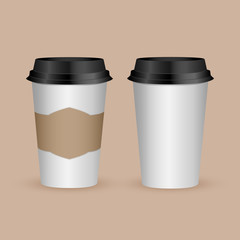 Realistic 3d paper coffee cup. Design template for graphics, mockup. Front view. Vector illustration
