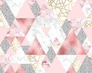 Motif géométrique sans couture avec des lignes métalliques dorées, des paillettes argentées, des triangles roses et marbrés