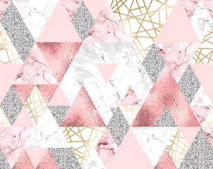 Fotobehang Goud geometrisch abstract Naadloos geometrisch patroon met gouden metalen lijnen, zilveren glitter, roze en marmeren driehoeken