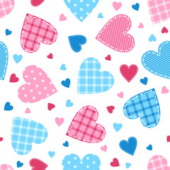 Seamless love pattern with pink and blue patchwork hearts