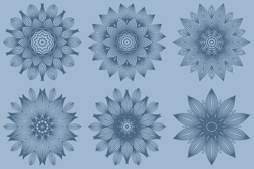 Set of Vector Round Abstract Mandala Style Decorative Element. Hand-Drawn Vector Illustration. Can Be Used For Textile, Greeting Card, Coloring Book, Phone Case Print. Pastel blue color