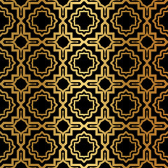 Luxury Art Deco Pattern Of Geometric Elements. Seamless Pattern. Vector Illustration. Design For Printing, Presentation, Textile Industry. Ethnic Arabic, Fashion Decorative Ornament. Black, gold color