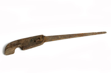 Old rusty hacksaw with wooden handle on white background, isolate.