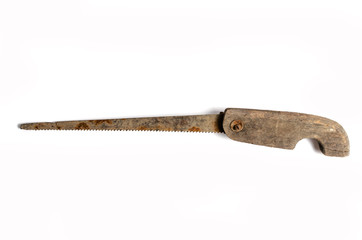 Old rusty hacksaw with wooden handle on white background, isolate.