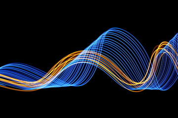 Long exposure, light painting photography.  Electric blue and vibrant metallic gold colour, waves and swirls, parallel lines pattern of movement, against a clean black background