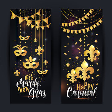 Mardi Gras gold vertical banners set with a mask and fleur-de-lis, isolated on black background. Vector illustration.