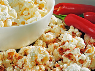 Spicy hot popcorn with chili pepper. Vegan snack