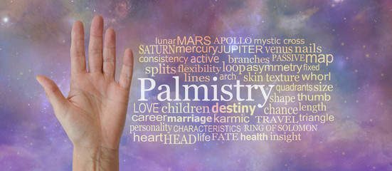 Aspects of Palmistry Word Tag Cloud - female open palm beside a PALMISTRY word cloud against an...
