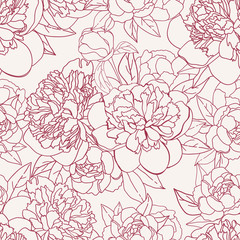 Seamless hand drawn floral pattern with outline bouquets of peony flowers