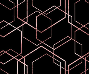 Seamless geometric rose gold glitter polygons pattern. Metallic pink hexagon abstract background