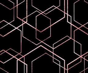 Tapeten Sechseck Nahtloses geometrisches rosafarbenes Goldglitter-Polygonmuster. Metallischer rosa Sechseck abstrakter Hintergrund