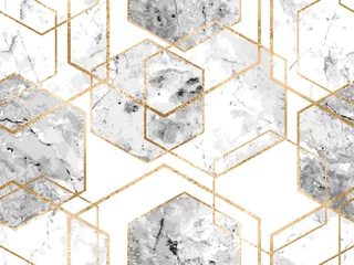 Gordijnen Naadloos geometrisch patroon met gouden glitterlijnen en marmeren polygonen © Tamiris