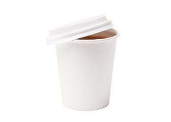 Coffee in takeaway cup isolated on white background. Coffee in takeaway paper cup on white background. Space for design