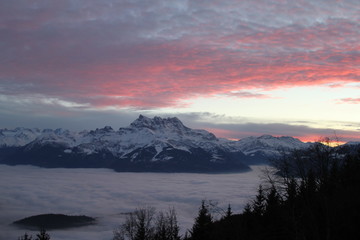 View of Les Dents du Midi from Leysin (1300m) Switzerland in December around 1600 (4pm)
