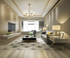 3d rendering wood classic living room and dining room with shelf