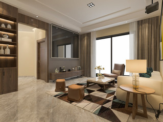 3d rendering wood classic living room and dining room with shelf
