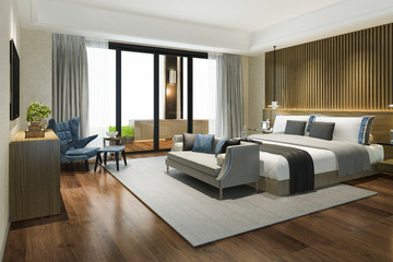 3d rendering beautiful luxury bedroom suite in hotel with tv