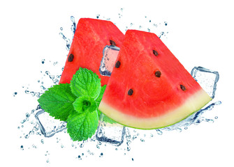 watermelon splash water and ice isolated on white