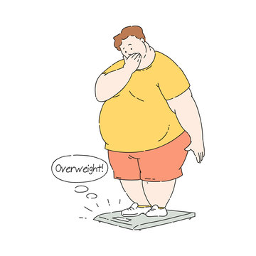 Vector flat overweight obese unhappy man at scale