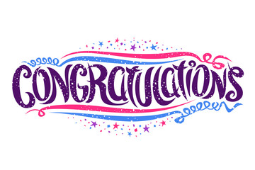 Vector lettering for Congratulations wishes, ornate swirly calligraphic font, creative filigree typography for congratulations of wedding or anniversary event with confetti and streamers on white.