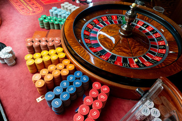 Casino roulette table with chips