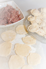 Raw and fresh dumplings lie on a glass plate