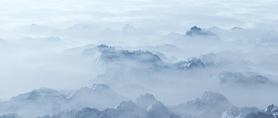 Aerial of rough steep snowy mountains in fog.