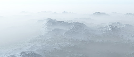Aerial of rough steep snowy mountains in fog.