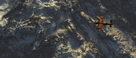 World war 2 fighter jet over snowy mountains. Aerial shot.
