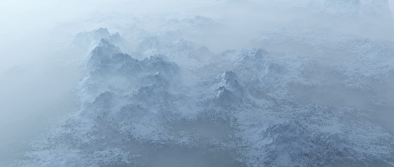 Aerial of rough steep snowy mountains in fog.