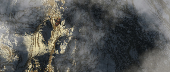 Crashed airplane in snowy rocky mountains. Aerial shot.