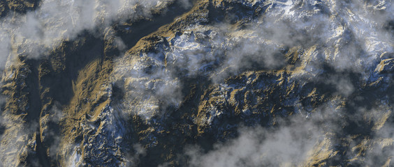 Clouds over snowy mountains. Aerial.