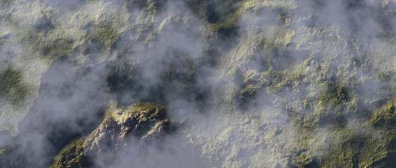 Clouds over green rock formations. Aerial shot.