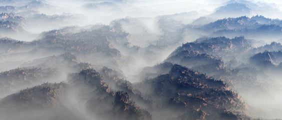 Aerial of mountain landscape with fir trees in mist.