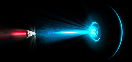 Spaceship, UFO, tractor beam. Spatial module struck by a laser beam. Ray of light. Repulsive ray. Galactic battles. Science fiction. 3d rendering © Naeblys