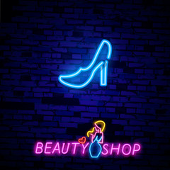 High heel shoe neon light icon. Glowing sign. Woman's shoe. Vector isolated illustration