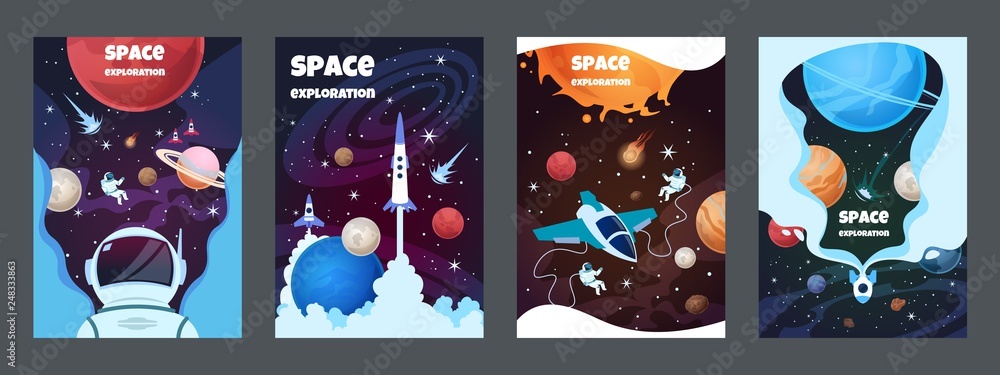 Wall mural cartoon space banners. galaxy universe science child astronaut modern planet poster study banner. ve