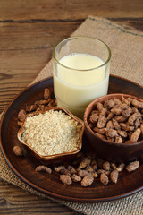 Chufa milk and tigernut flour. Alternative type of milks. Vegan non-dairy milk. Lactose-Free Milk and Nondairy Beverages. Lactose intolerance. Gluten free. Grain free. Healthy food. Superfood.