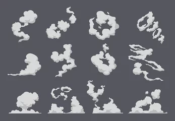 Foto op Aluminium Cartoon rook wolk. Komische stoomexplosie stofbestrijding animatie mist beweging smog beweging spel rook. Vector gasstraalset © SpicyTruffel