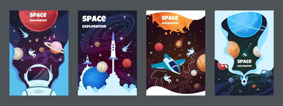 Cartoon space banners. Galaxy universe science child astronaut modern planet poster study banner. Vector brochure space frame