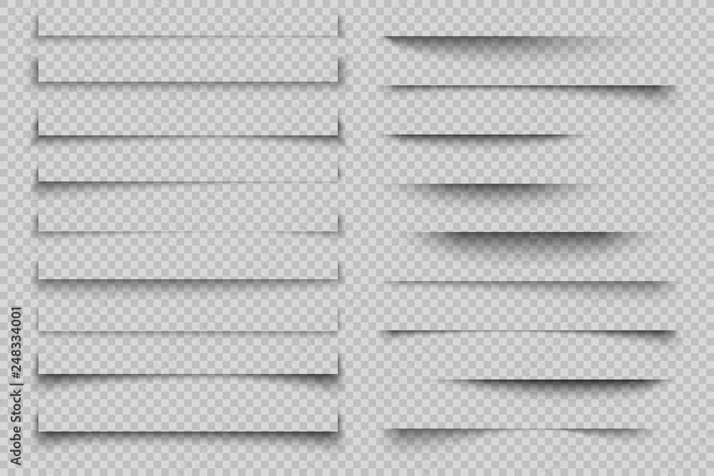 Poster paper shadow effect. transparent realistic page shadows with corners, banner poster flyer shadows wi