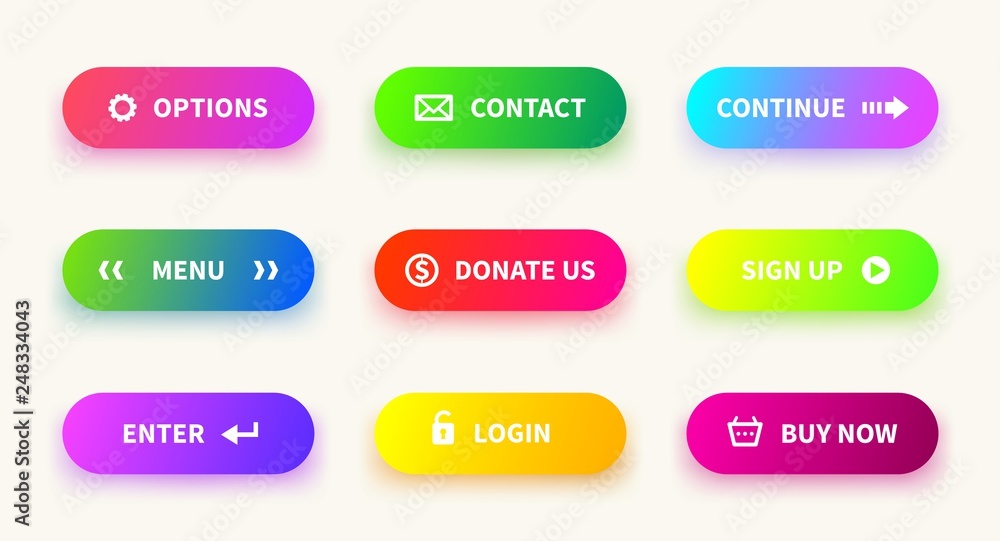 Poster Action gradient button. Learn more web ui navigation buttons, mobile game app, download banner. Vector gradient set