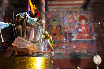 Inside of Basgo Gompa (Maitreya Temples) The mud-brick fortress of Basgo Gompa is perched high in the hills of Ladakh, between the Himalaya and Karakoram mountain ranges in northern India. 