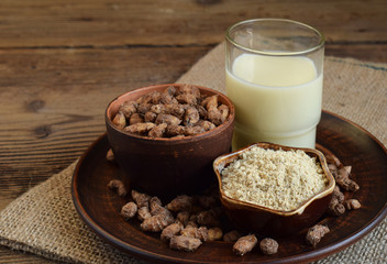 Chufa milk and tigernut flour. Alternative type of milks. Vegan non-dairy milk. Lactose-Free Milk...