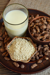 Chufa milk and tigernut flour. Alternative type of milks. Vegan non-dairy milk. Lactose-Free Milk and Nondairy Beverages. Lactose intolerance. Gluten free. Grain free. Healthy food. Superfood.