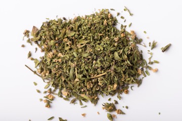 Closeup of milled dry thyme, top view