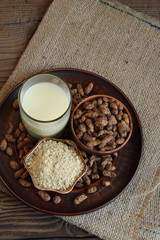 Chufa milk and tigernut flour. Alternative type of milks. Vegan non-dairy milk. Lactose-Free Milk and Nondairy Beverages. Lactose intolerance. Gluten free. Grain free. Healthy food. Superfood.
