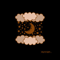 Day & night poster with moon, clouds and stars on black background. Beautiful illustration for your design project